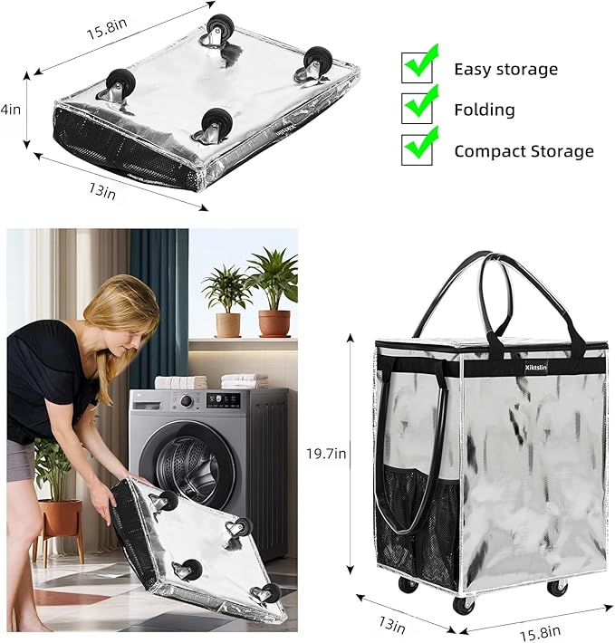(Medium, Starlight Silver)Reusable Grocery Bag on 4 Wheels,Foldable Rolling Tote Carries Up to 66lb Shopping Trolley,Rolling Bag with 3 Handles,Zipper Clouser Rolling Tote Bag with Wheels for Laundry