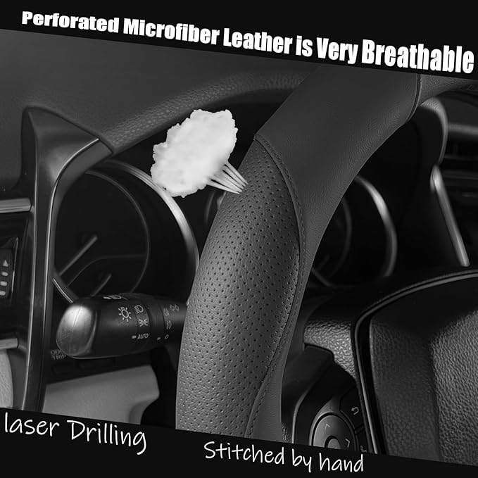 Steering Wheel Cover Universal Standard Size 14.5-15 inch, Breathable Microfiber Leather, Anti-Slip, Soft Grip, Sporty Design