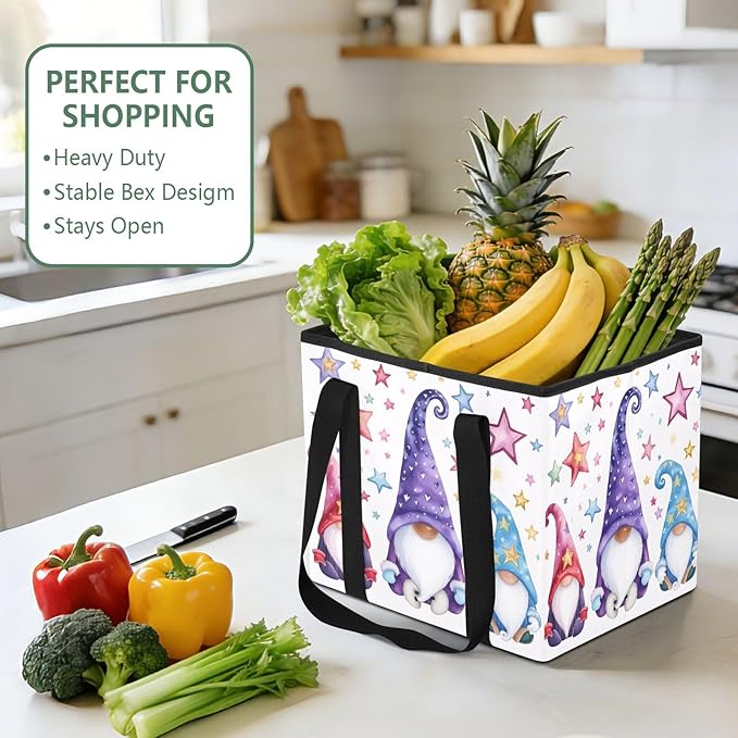 Three Cute Gnome Reusable Grocery Bags Large Shopping Tote Bag with Reinforced Bottom Board, Water Resistant Foldable Storage