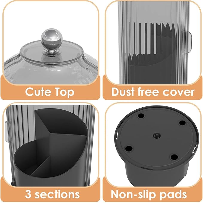 YOOLENS Makeup Brush Holder with Lid 360 Rotating Clear Dustproof Make Up Organizers for Vanity Bathroom Countertop, Black