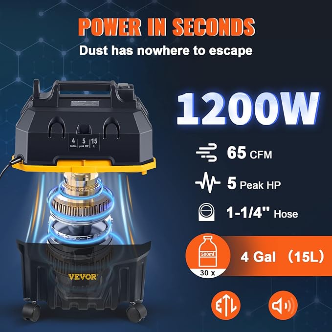VEVOR 4 Gallon 5.0 Peak HP Wet and Dry Shop Vac， Portable Shop Vacuum and Blower 3-in-1 with Filter, Hose and Attachments for