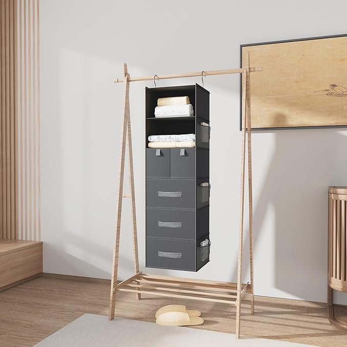6-Shelves Hanging Closet Organizer with 5 Different Drawers, Foldable Organizers and Storage for Wardrobe, Closet& RV, Clothe