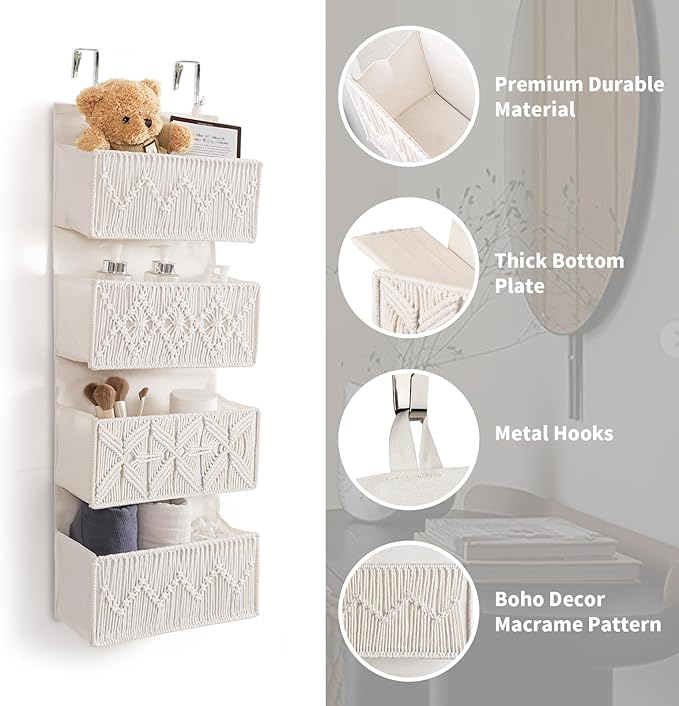 ANTIS'S HOME Nursery Over The Door Organizer Boho Decor Nursery Storage with 4 Large Woven Pockets, Macrame Nursery Organizer