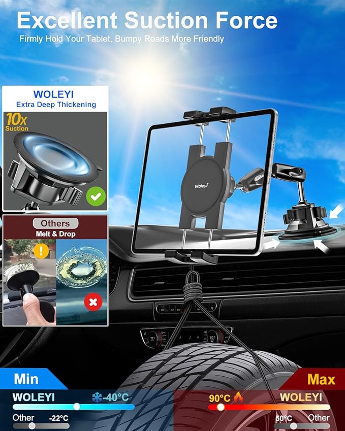 Heavy Duty Car Tablet Mount Holder - [Metal Arm] Dashboard Windshield Suction Cup Tablet Holder for Truck/Car Mount, for 4.7-13" Tablets Like iPad Pro Air, Mini, Galaxy Tab, Z Fold, Fire HD, iPhone