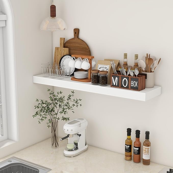 48 Inch White Floating Shelf | 12 Inch Deep Floating Shelves Set of 1 | 48" D x 12" D Rustic Wood Shelves for Wall | Deep Whi