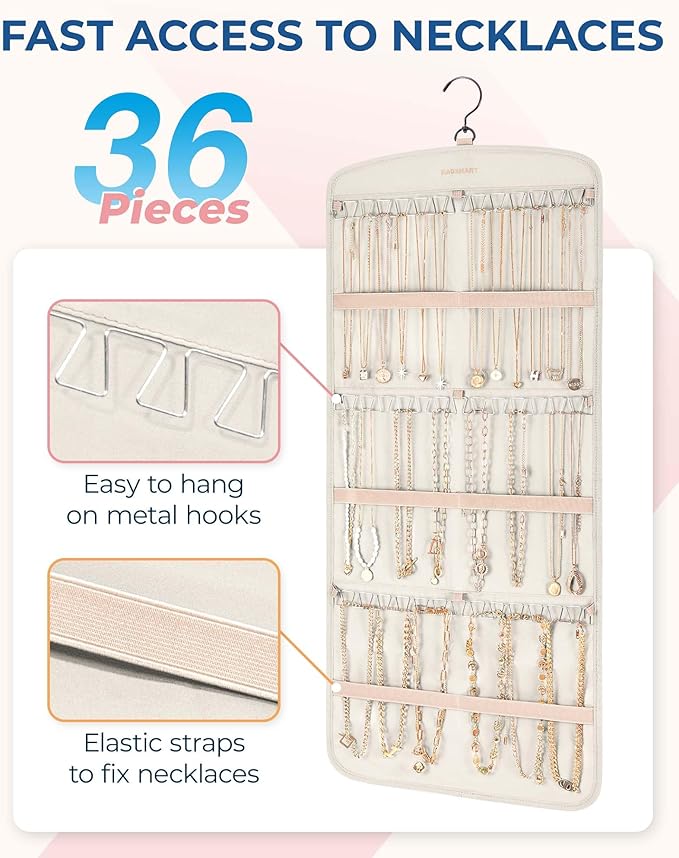 BAGSMART Hanging Jewelry Organizer, Necklace Holder Anti-tangle Earrings Rings Hanger with Pockets Hang on Closet, Wall, Door
