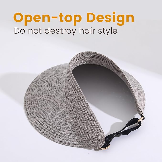 Sun Visor Hat for Women, Wide Brim Straw Summer UV Protection Hat, Foldable Roll-up Packable Beach Cap