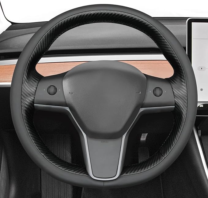 MEWANT Hand Stitched Real Leather Steering Wheel Cover for Tesla Model 3 2017-2023 / Model Y 2020-2023 for Tesla Model 3/Y Accessories(3D Style)