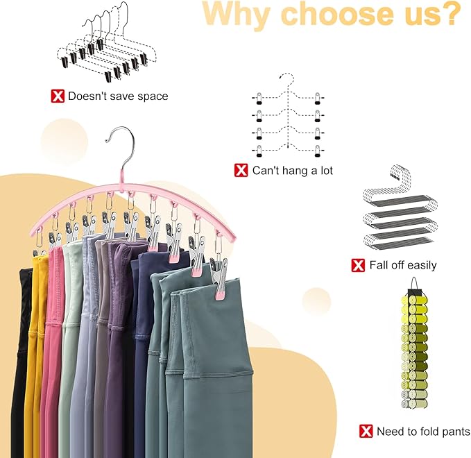 Legging Organizer for Closet, Metal Yoga Pants Hangers 4 Pack w/10 Clips Holds 40 Leggings, Space Saving Hanging Closet Organ