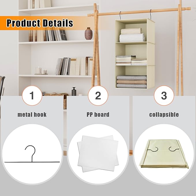 Hanging Closet Organizer and Storage 3-Shelf, Easy Mount Foldable Hanging Closet Wardrobe Storage Shelves, Clothes Handbag Sh