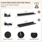 Fun Memories Picture Ledge Shelf, Black Floating Shelves Set of 4, 24 Inch Picture Shelves for Wall with Ledge, Large Nursery