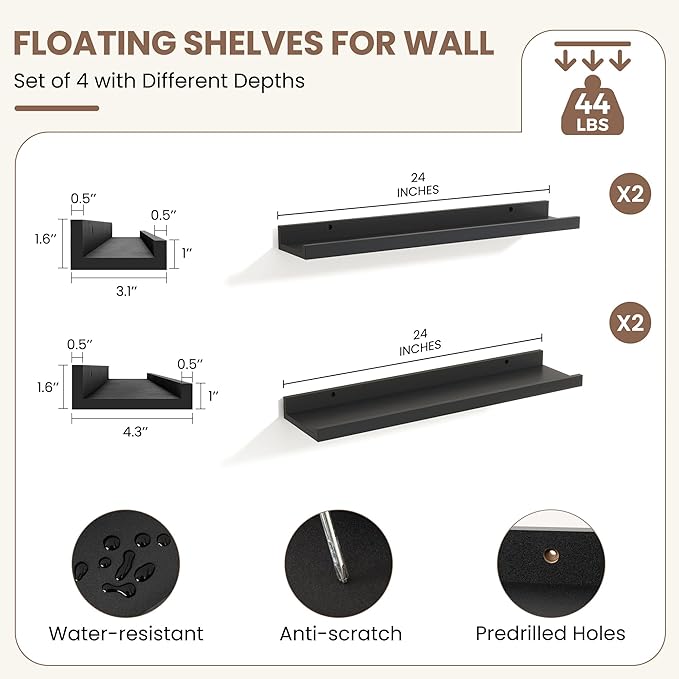 Fun Memories Picture Ledge Shelf, Black Floating Shelves Set of 4, 24 Inch Picture Shelves for Wall with Ledge, Large Nursery