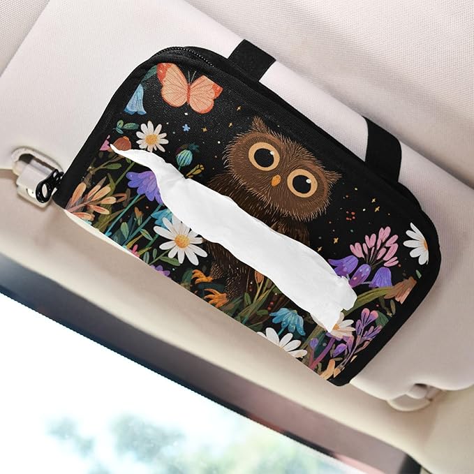 Car Tissue Holder Car Visor Organizer Tissue Box Holder for Car Sun Visor Organizer with Car Vehicle Accessories Essentials Interior for Women Men Black Owl Flowers Butterflies