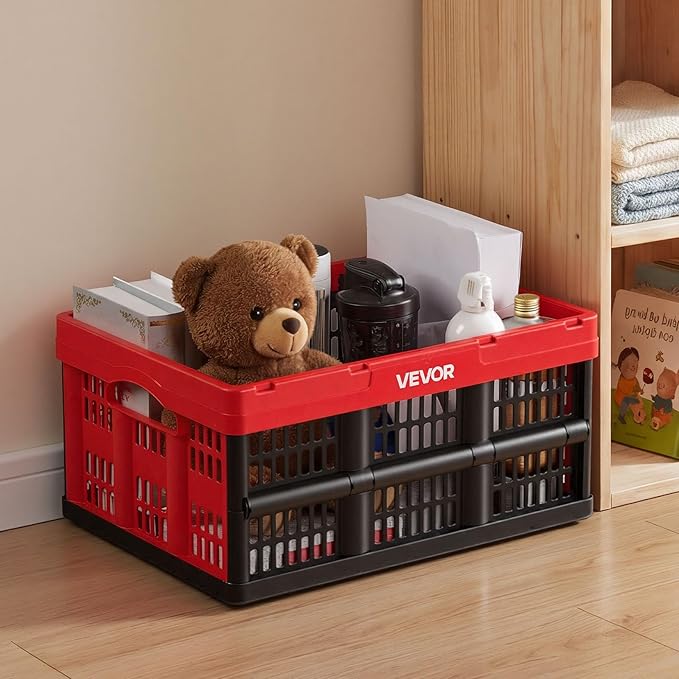 VEVOR Plastic Collapsible Storage Bins, 32L 3 Packs, Stackable Folding Storage Crates with Handles, Holds 26 lbs Per Bin, Fol