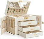 AKOZLIN Large 4-Tier Jewelry Box Leather Jewelry Storage Organizer with 3 Drawers Lockable for Women Girls Ring Necklace Earr