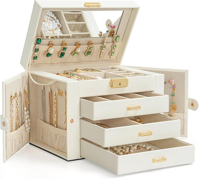 AKOZLIN Large 4-Tier Jewelry Box Leather Jewelry Storage Organizer with 3 Drawers Lockable for Women Girls Ring Necklace Earr