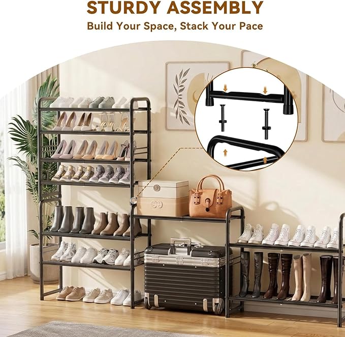 4 Tier Shoe Rack, 32.5" Wide Stackable Sturdy Metal Shoe Shelf Storage Organizer with Height-Adjustable for Entryway, Closet,