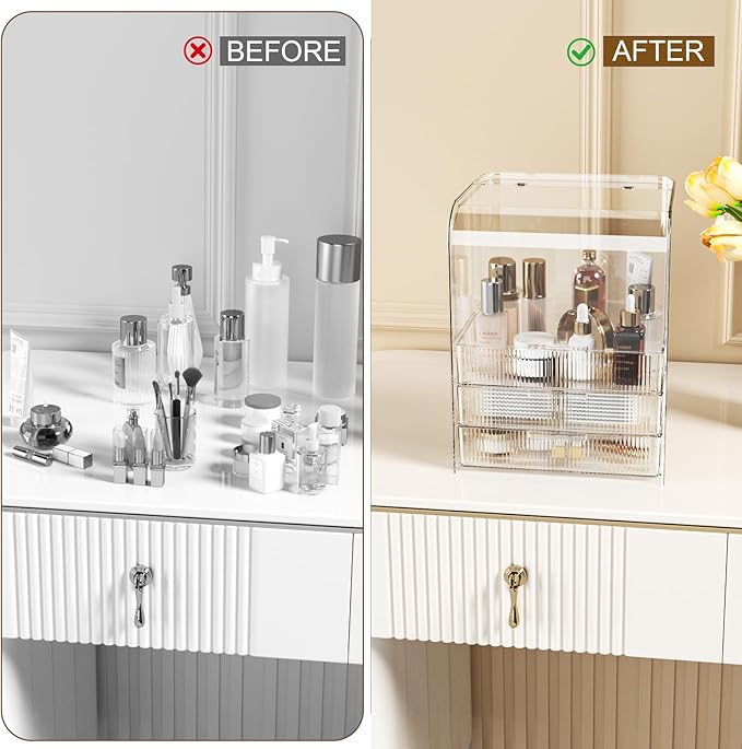 GearFusion 3 Tier Clear Cosmetic Organizer, Makeup Display Case with Lid & Drawers, Countertop Dresser Vanity Storage Box, Be