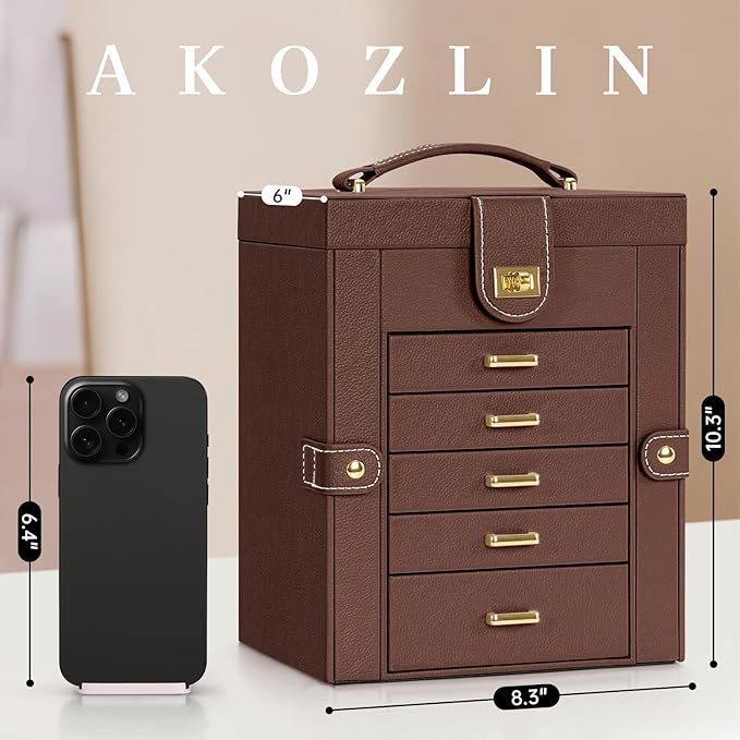 AKOZLIN Jewelry Box Organizer Functional Leather Jewelry Storage Case for Women Girls Ring Necklace Earring Bracelet Holder O