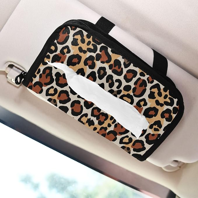 Car Tissue Holder Car Visor Organizer Tissue Box Holder for Car Sun Visor Organizer with Car Vehicle Accessories Essentials Interior for Women Men Brown White Leopard Print