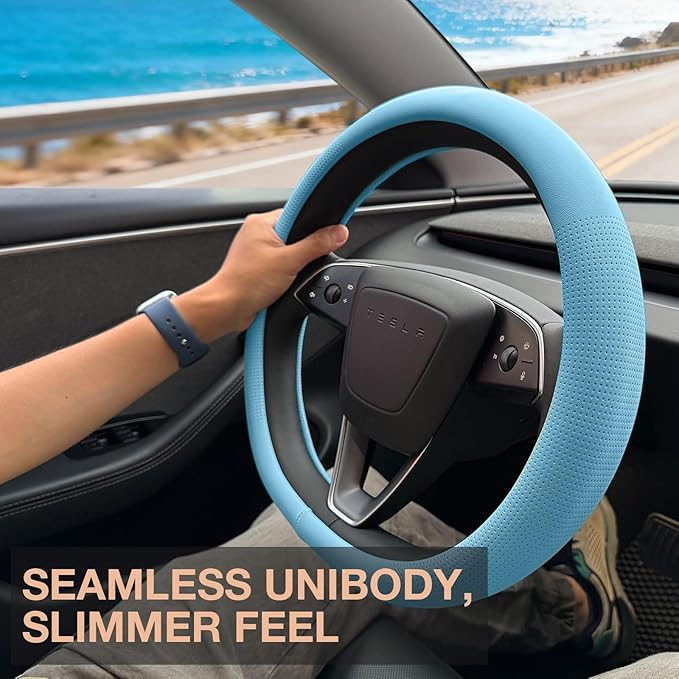 PINCTROT Nappa Leather Steering Wheel Cover for Tesla Model Y/3 Highland/Juniper, D Shaped 14 Inch Small Sized with Breathabl