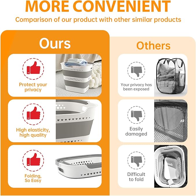 42L Medium Collapsible Plastic Laundry Basket with Handles, Foldable Laundry Basket Hamper, Pop Up Storage Container Organize