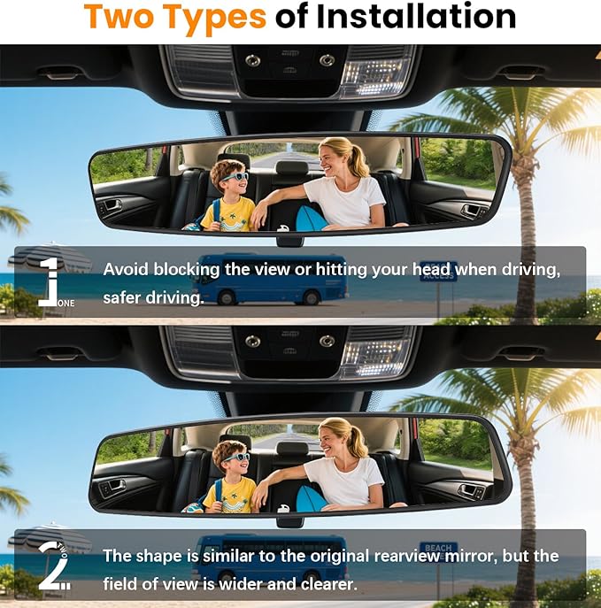 Rear View Mirror, 14 Inch Chrome Anti-glare Panoramic Rear Mirrors Universal Convex Car Interior Clip on Extra Big Wide Angle Rearview Mirror Extender to Reduce Blind Spot for Car SUV Trucks