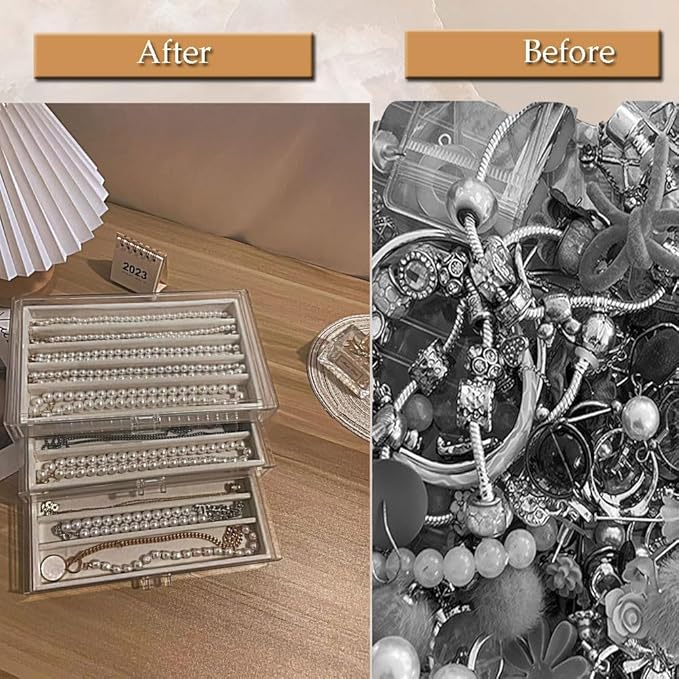 CLUQMEIK Necklace Organizer Box with Clear Lid, Dustproof Velvet Jewelry Holder Storage Display Case, Stackable Acrylic Neckl