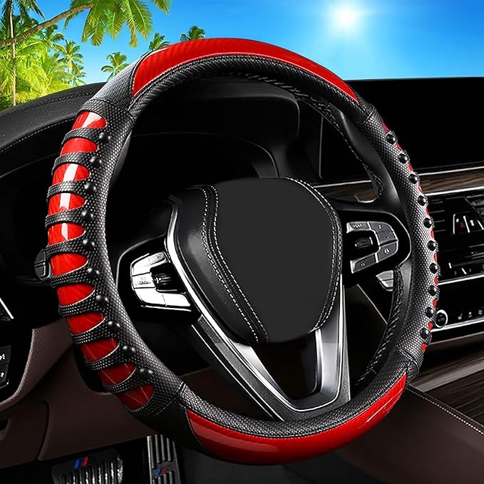 Car Leather Steering Wheel Cover - Carbon Fibre Material, Universal 14.5-15 Inch Leather Anti-Slip Breathable Auto Steering W
