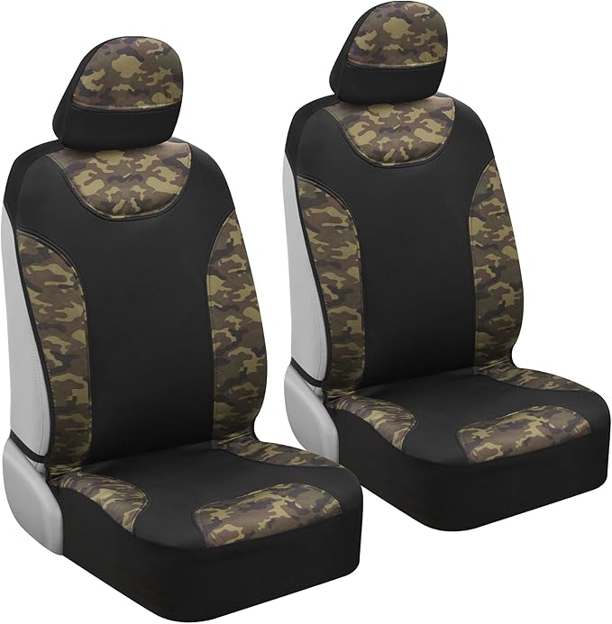BDK Waterproof Camo Seat Covers for Car Truck Van SUV, 2 Pack – Two-Tone Black & Camouflage, Durable Neoprene Seat Protectors