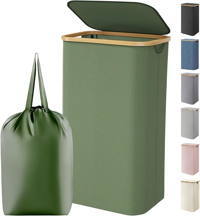 Lifewit 100L Laundry Basket with Lid, Clothes Hampers for Laundry with Bamboo Handles and 1 Removable Bag, Large Foldable Lau