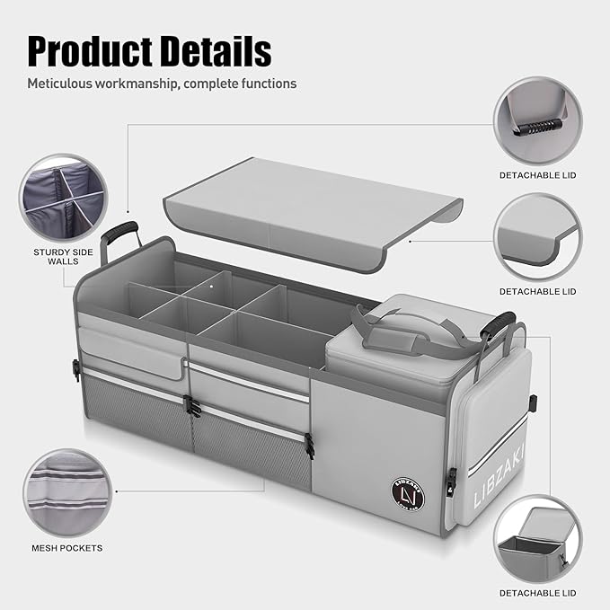 LIBZAKI Oversize 4 in 1 Car Trunk Storage Organizer, Multi Compartment Collapsible Trunk Storage Box with Cooler Bag for Car