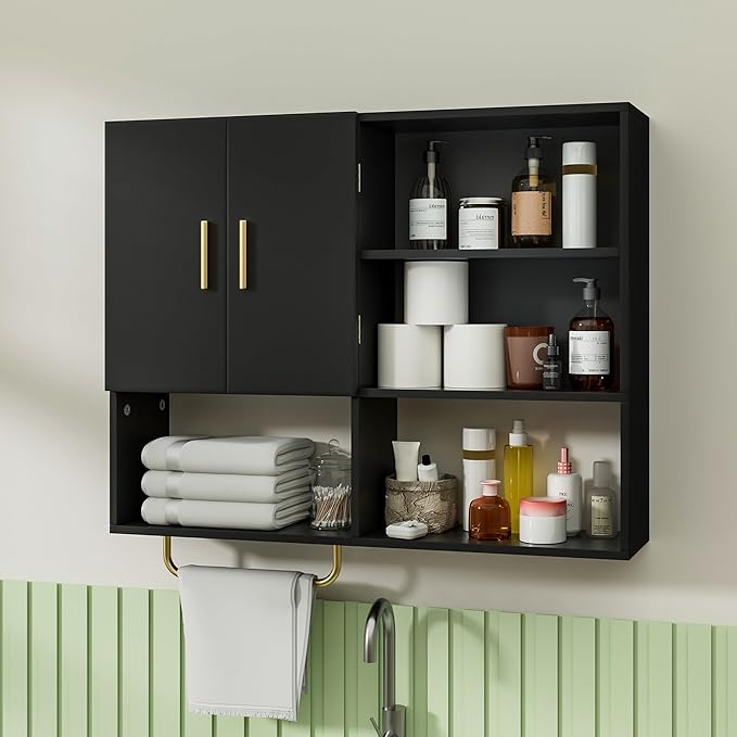 Bathroom Wall Cabinet Wood Large Wall Mounted Medicine Cabinet with 2 Doors and 4 Open Shelves Over Toilet Storage Cabinet Or