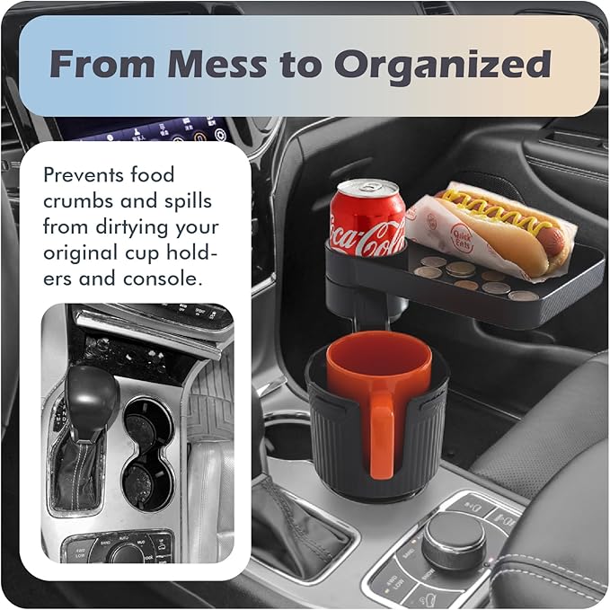 OtterVerz 11 Upgraded Car Cup Holder Tray, 3 in 1 Car Cup Holder Expander Adapter, 360° Rotating Detachable 10.5" Car Food Tr