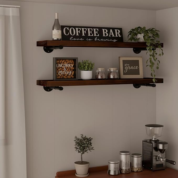 Industrial Pipe Wall Wood Shelves,Real Wooden Shelves 36" inch Long Walnut Color with 1.2 inches Thick Modern Floating Shevle