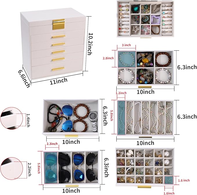 BOOVO Jewelry Boxes for Women, White and Black 6 Layer Large Jewelry Box for Necklace, Bracelet, Earrings, Rings Storage, Jew