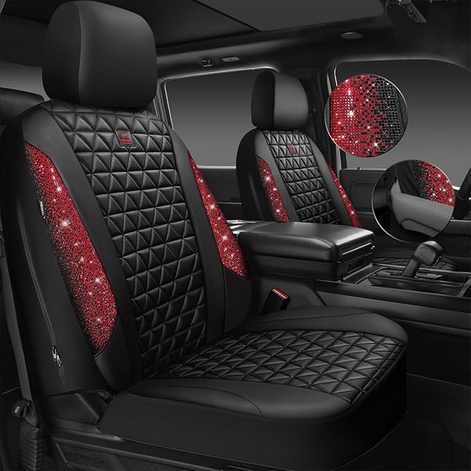CAR PASS Bling Diamond Black Red Leather Car Seat Covers Full Set, Waterproof Shining Glitter Sparkly Crystal Universal Armre