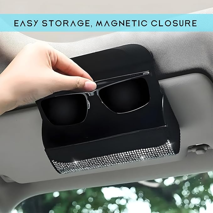 Sunglasses Holder for Car Sun Visor, Bling Leather Eyeglasses Visor Storage Case with Hidden Magnetic Closure, Sparkling Auto Visors Protective Organizer Storage Box (Black)