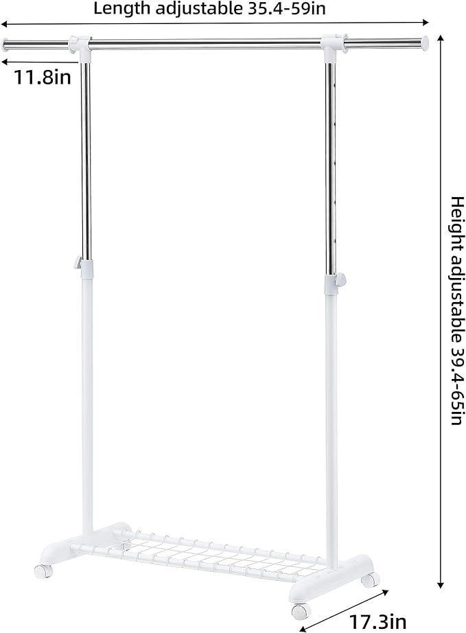LiaMeE Adjustable Clothing Rack for Hanging Clothes, Heavy Duty Garment Rack with Wheels，Free Standing Rolling Clothes Rack w