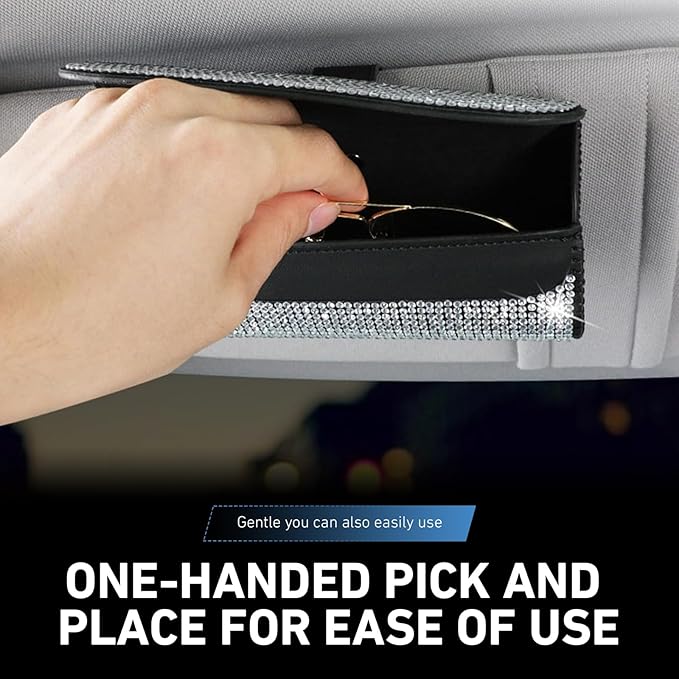 WZP Bling Sunglasses Holder for Car Sun Visor, Rhinestone Leather Eyeglasses Car Visor Clip Storage Glasses Organizer Case, Universal Vehicle Glasses Protective Storage Box for SUV Sedan Van (White)