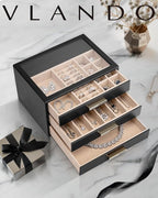 Vlando Jewelry Box for Women, Glass Lid Jewelry Organizer with 3 Drawers for Necklaces Rings Earrings Bracelets - Black