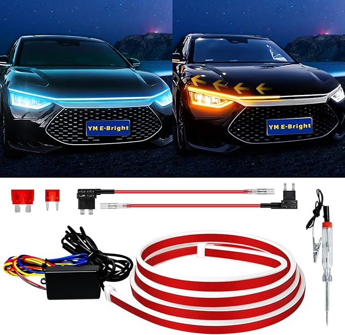 Sequential Turn Signal Led Light Strip Dynamic Scan Start Up Hood Lights Flexible DRL Daytime Running Light for Car,Truck,SUV,Dual Color Amber Ice Blue Flowing Switchback 12V 47inch /1.2M (1Set)