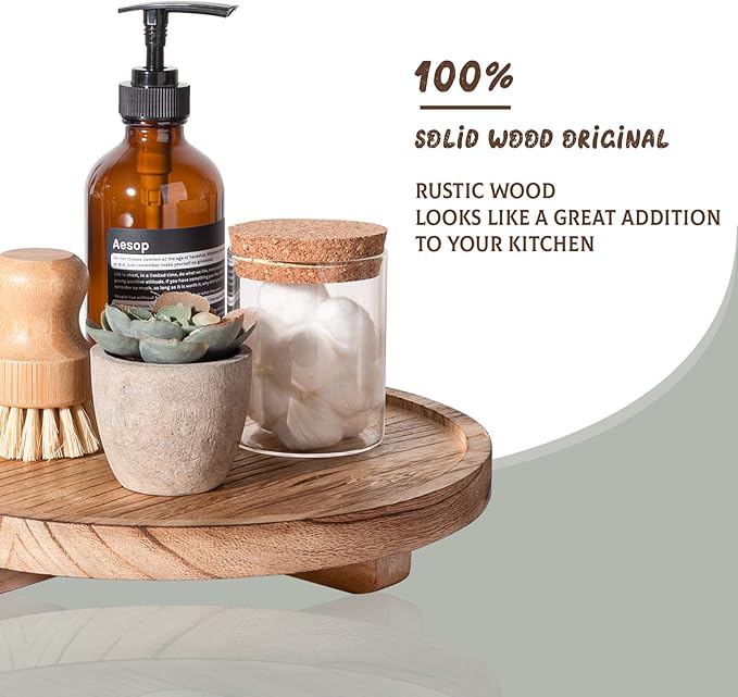 Round Decorative Tray Wood Bathroom Counter Organizer Farmhouse Kitchen Decor Wooden Riser for Soap Dish, Perfume, Candle, Sp