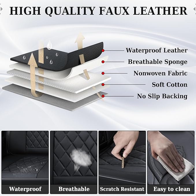 Coverado Car Seat Covers Full Set, Front and Back Seat Covers for Cars, Luxury Faux Leather Waterproof Seat Covers, Black Car
