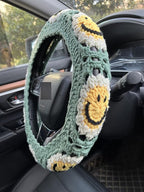 Handmade Crochet Sun Smiling face Car Steering Wheel Covers Universal 14-15 inch,Cute Steering Wheel Cover,Car Accessories (Sun Steering Wheel Cover)