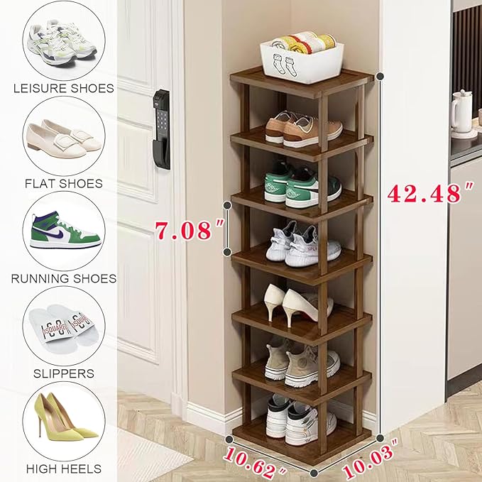 Vertical Shoe Rack - Tall Narrow Shoe Rack Organizer for Small Spaces,7 Tier Bamboo Shoen Shelf for Entryway,Closet,Corner,Do