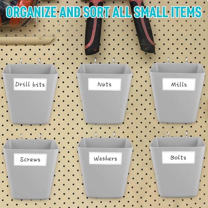 G.CORE Large Pegboard Cups Peg Board Storage Bin 6 Pack with Hooks, Square Box Shape Pegboard Cup Holder Accessories for Gara