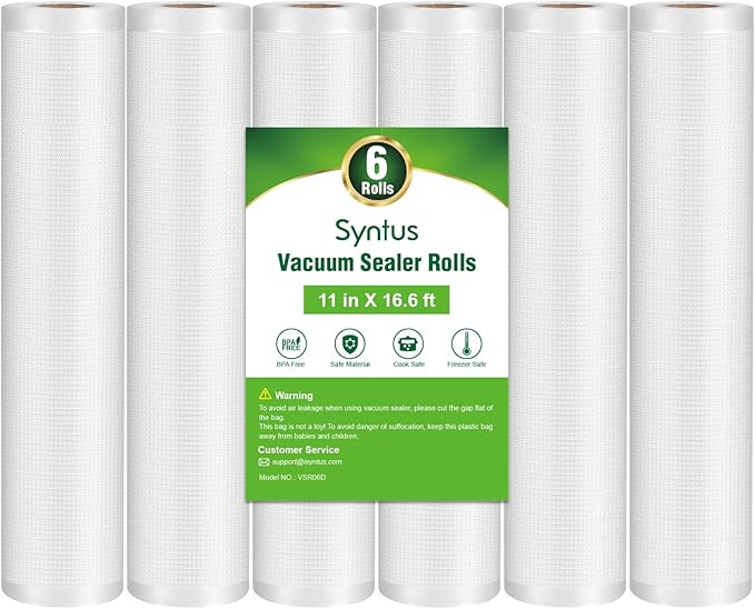 Syntus Vacuum Sealer Bags for Food, 6 Rolls 11" x 16' Commercial Grade Bag Rolls, BPA Free Food Vac Bags for Storage, Meal Pr