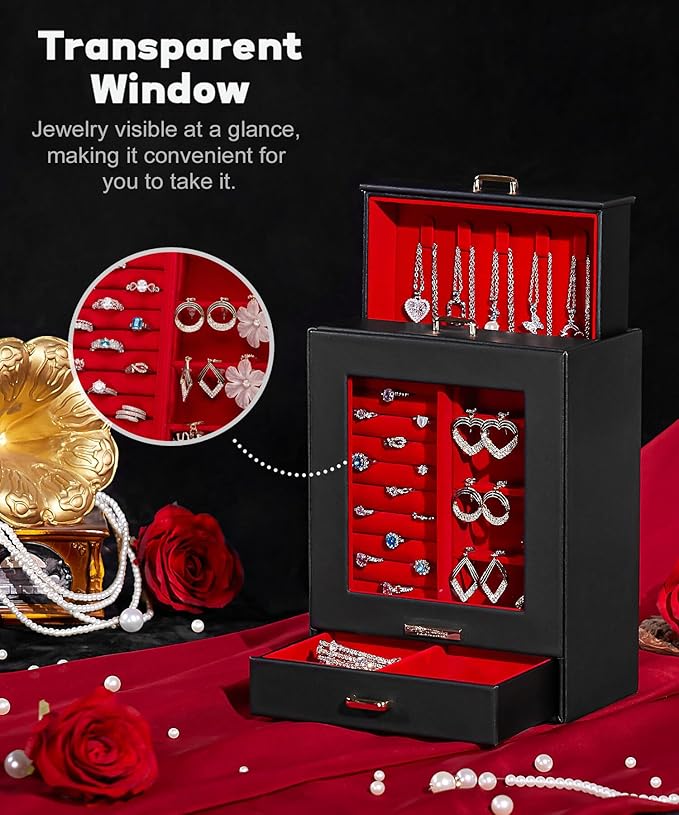Homde Jewelry Organizer Girls Women Jewelry Box for Necklaces Rings Earrings Gift Bracelets Storage Case (Black + Red + Gold)