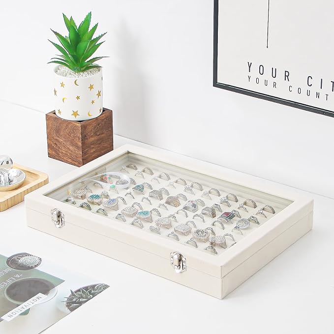 Coward Ring Organizer Jewelry Box, Beige Velvet 100 Slots Ring Display Tray Case with Transparent Glass Lid for Home Use or S